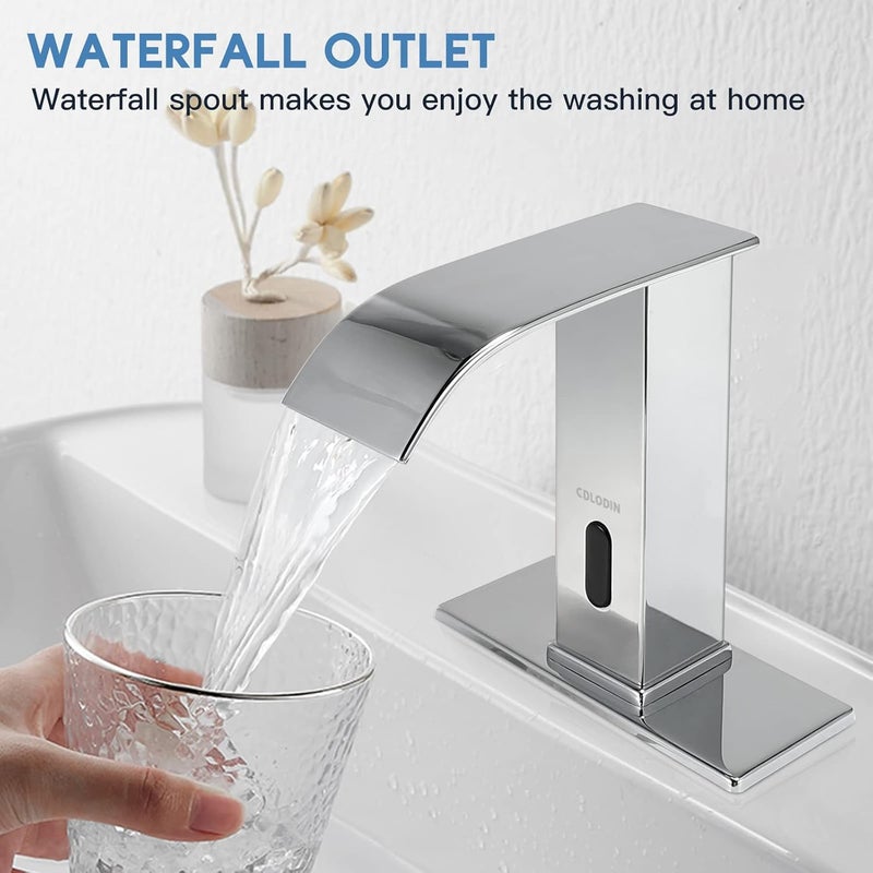 CDLODIN Automatic Sensor Touchless Bathroom Faucet, Modern Chrome Bathroom Faucet for Sink 1 Hole, Waterfall Single Hole Bathroom Sink Faucet Stainless Steel, Hands Free Motion Sensor Lavatory Faucet - Image 3